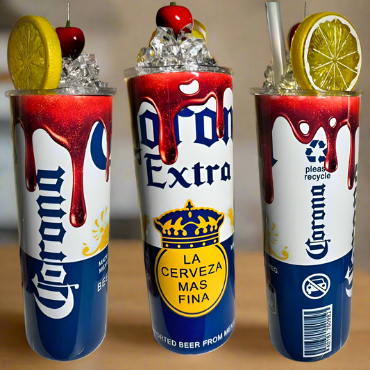 Corona Drip 20oz Skinny Tumbler with 3D Decorative Lid Topper handmade custom gift by Kreative By Design
