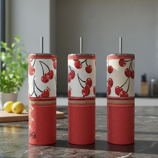 Red Cherry Zipper 20oz Stainless Steel Tumbler handmade custom gift by Kreative By Design