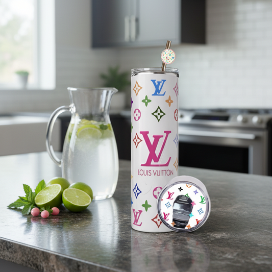 A stainless steel tumbler with a colorful monogram pattern, shown on a kitchen countertop next to a glass pitcher of iced drink, lime slices, mint, and pink candies. The tumbler has a matching lid and a matching straw topper