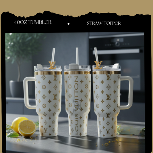 Luxury Monogram 40oz Engraved Tumbler Set – Matching Charm & Straw Topper Options