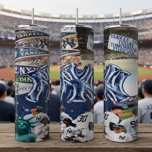 The Kreative Kreationz New York Yankees 20oz Tumbler showcases team logos, players, Yankee Stadium, and the Statue of Liberty on a dark background for a stylish and durable drinkware option.