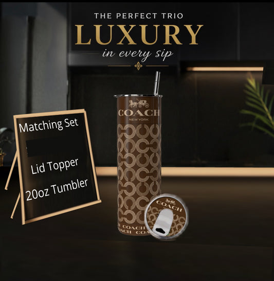 Luxury Inspired Brown Monogram 20oz Skinny Tumbler | Matching Lid & Styled Set