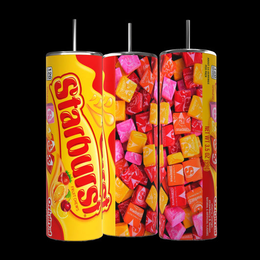 Explore Kreative Kreationz's Starburst 20oz Stainless Steel Tumbler collection, featuring three vibrant, eco-friendly designs inspired by iconic yellow packaging and colorful candy collages, perfect for energizing your drinkware with a splash of color.