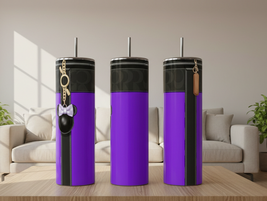 Three purple tumblers showing a 360 degree view with black accents on a wooden surface and dark background