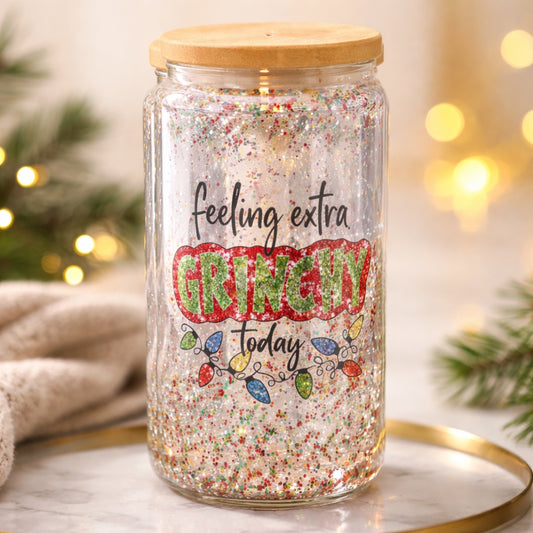 Green Holiday Grouch 16 oz Snow Globe Glass Tumbler handmade by Kreative by Design
