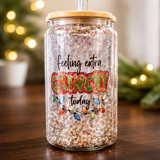 Feeling Extra Grinch 16 oz Snow Globe Glass Tumbler