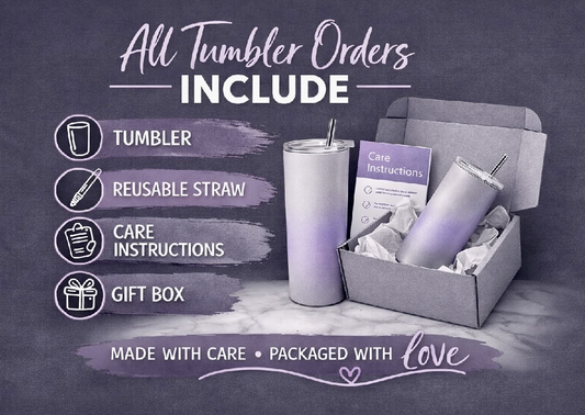Purple marbled ceramic mug with gift box and care card on a white background detailing what come with order