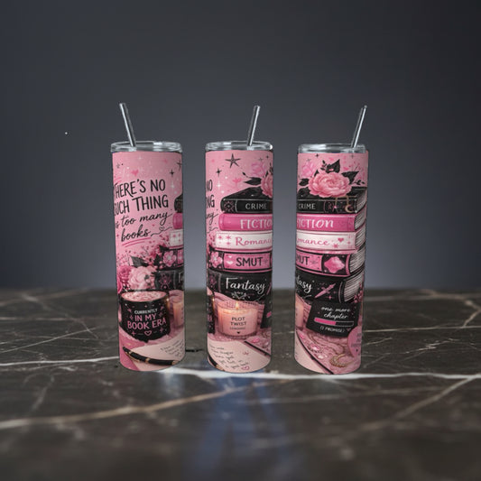 Pink Book Lover 20oz Skinny Tumbler with stacked books, flowers, coffee and reading aesthetic