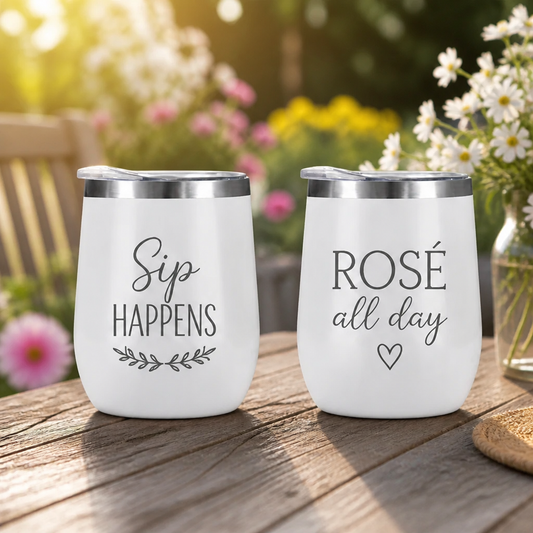 Funny Engraved Wine Tumbler Sip Happens or Rosé All Day 12 oz Insulated Stainless Steel Wine Cup Gift for Wine Lovers
