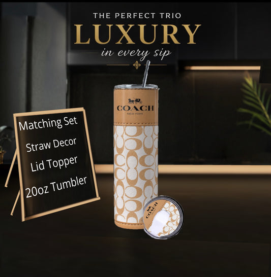 Luxury Designer Style Caramel & White 20oz Skinny Tumbler | Premium Stainless Steel Travel Cup