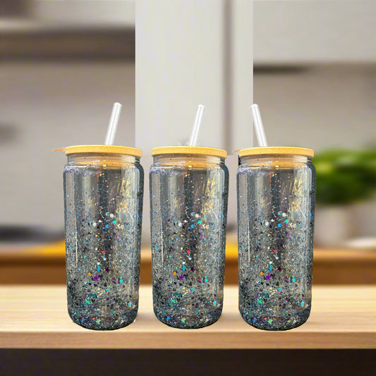 Custom Snow Globe 16 oz Glass Tumbler | Glitter Cold Cup handmade by Kreative by Design