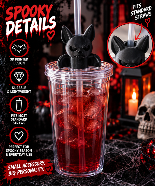 3D Printed Bat Straw Topper | Gothic Halloween Tumbler Accessory