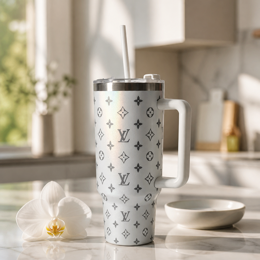Engraved 40oz Tumbler | White Iridescent Monogram Cup