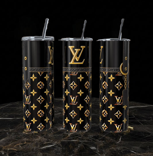 Luxury Designer Style Black & Gold 20oz Skinny Tumbler | Premium Stainless Steel Travel Cup