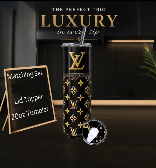 Luxury Designer Style Black & Gold 20oz Skinny Tumbler | Premium Stainless Steel Travel Cup