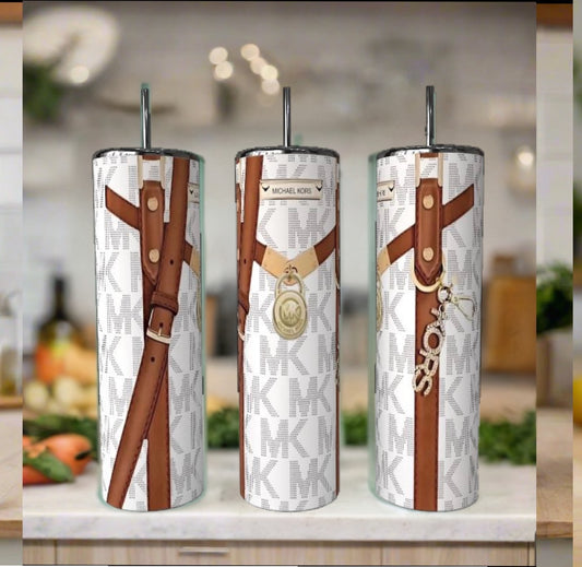White and Brown Strap Style 20oz Stainless Steel Tumbler handmade custom gift by Kreative By Design