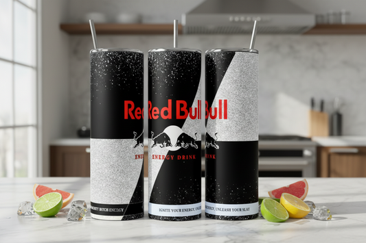 Three tall 20oz Black Edition Tumblers by Kreative Kreationz feature black, white, and gray designs