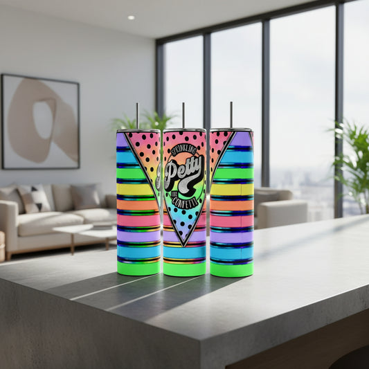 Three cylindrical tumblers are shown. These 20oz Petty Like Confetti Stainless Steel Tumblers by Kreative Kreationz feature bright, multicolored horizontal stripes and a central design with polka dots and the phrase "Sprinkling Petty Like Confetti" in decorative text. Each tumbler includes a silver lid and reusable straw.