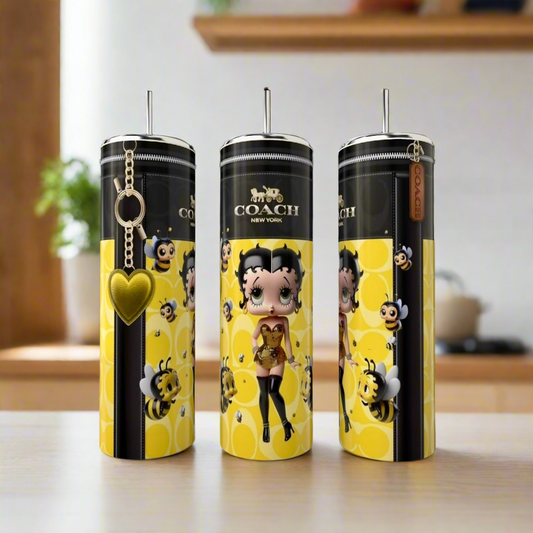 Retro Glam Bee Girl 20oz Skinny Tumbler | Yellow Fashion Inspired Stainless Steel Cup