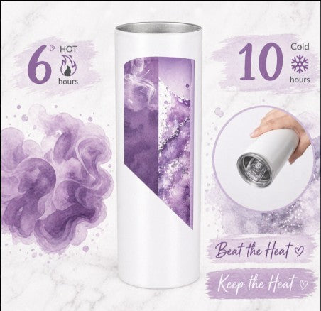Purple and white insulated tumbler with temperature display and promotional text on a light purple background.