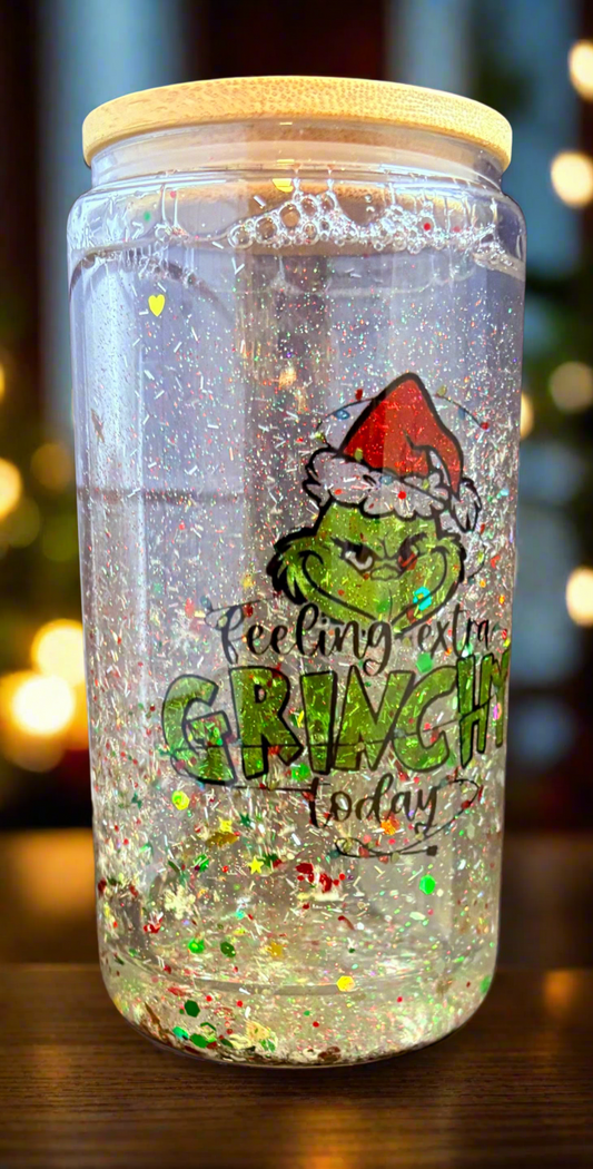 Feeling Extra Festive 16 oz Snow Globe Glass Tumbler handmade by Kreative by Design