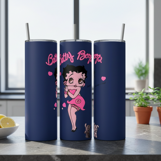 Three blue tumblers with Betty Boop design on a kitchen counter.