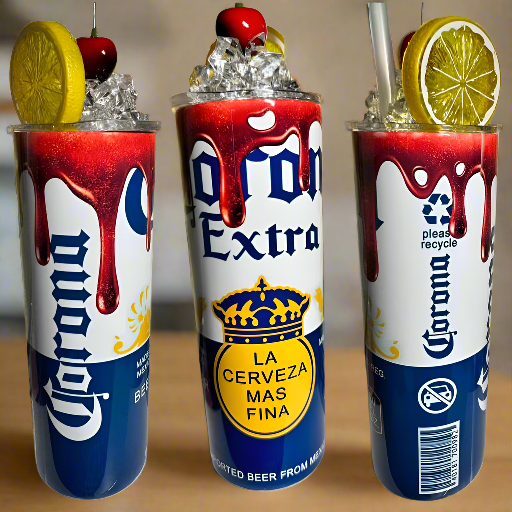 Corona Drip 20oz Skinny Tumbler with 3D Decorative Lid Topper handmade custom gift by Kreative By Design