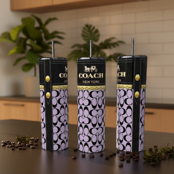 Three lilac tumblers on a kitchen counter with coffee beans scattered around.