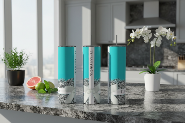 Teal Glittery Bow Stainless Steel Tumbler handmade custom gift by Kreative By Design