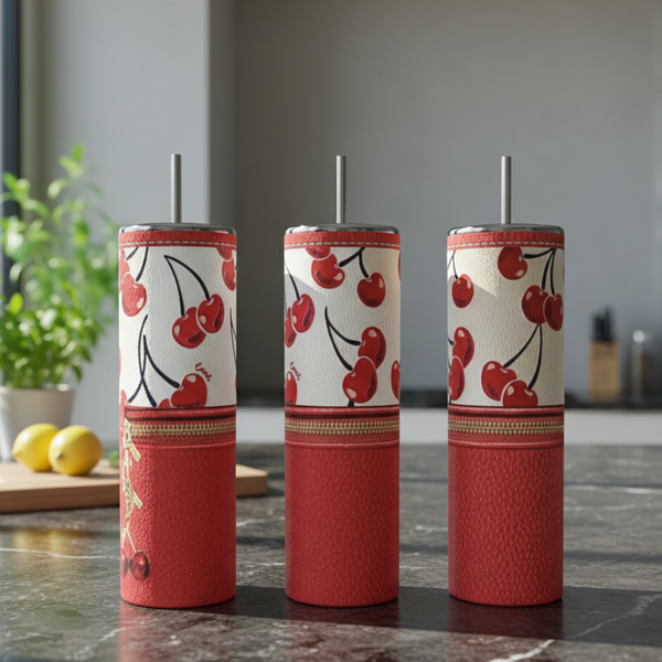 Red Cherry Zipper 20oz Stainless Steel Tumbler handmade custom gift by Kreative By Design