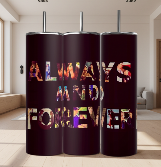 Three One Tree Hill “Always and Forever” 20oz tumblers by Kreative Kreationz, featuring cutout lettering with a colorful photo collage inside, are shown against a blue background.