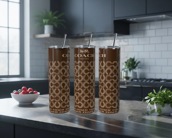 Luxury Inspired Brown Monogram 20oz Skinny Tumbler | Matching Lid & Styled Set