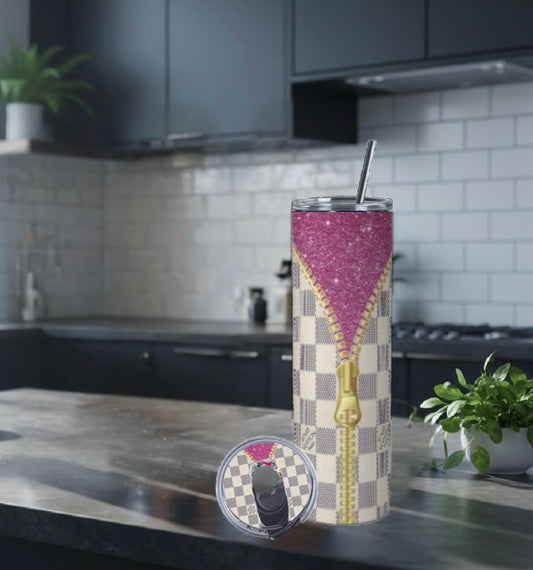 Pink 20oz Zipper Stainless Steel Tumbler with Lid Topper