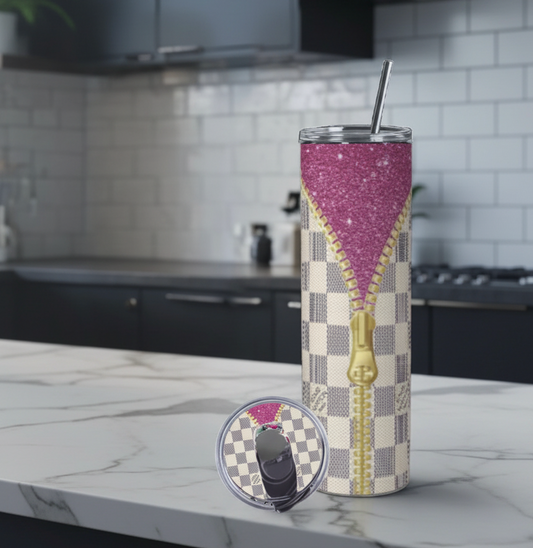 Pink 20oz Zipper Stainless Steel Tumbler with Lid Topper