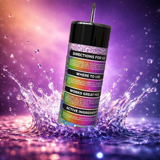 Tumbler with colorful label in water against a vibrant purple background