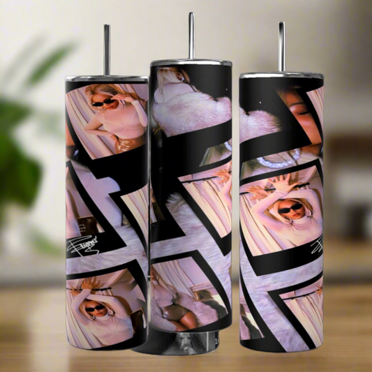 oneBeyonce 20oz Stainless Steel Tumblers feature a woman in sunglasses and pink on a black geometric background, with straws included, displayed together on a blurred indoor surface.