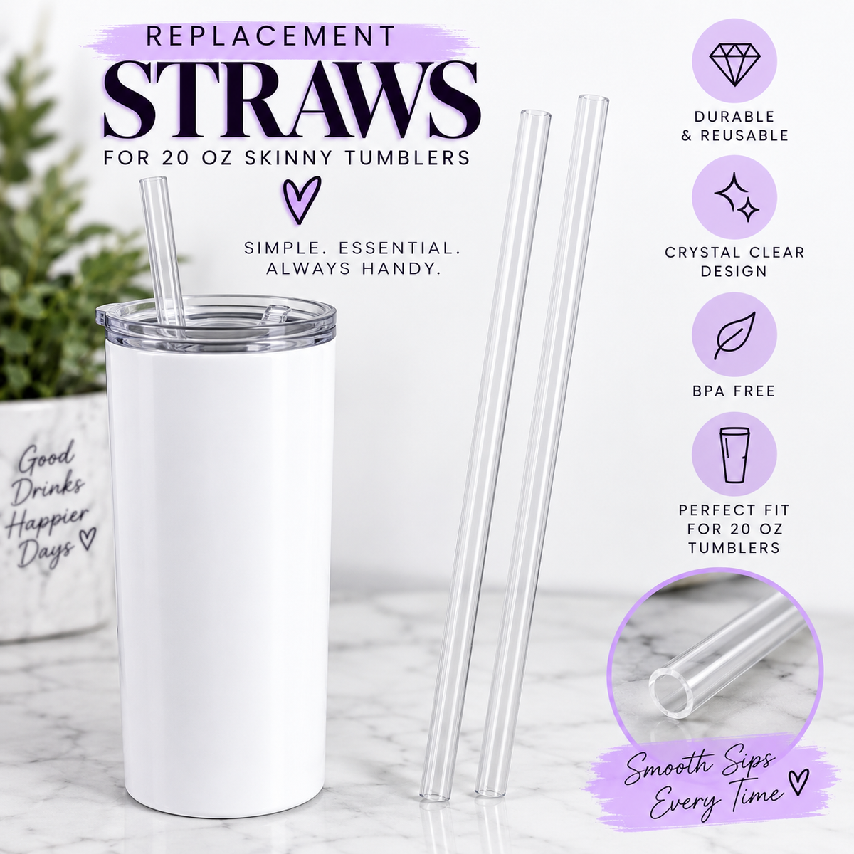Replacement Straw for 20oz Skinny Tumbler | Reusable Clear Straw