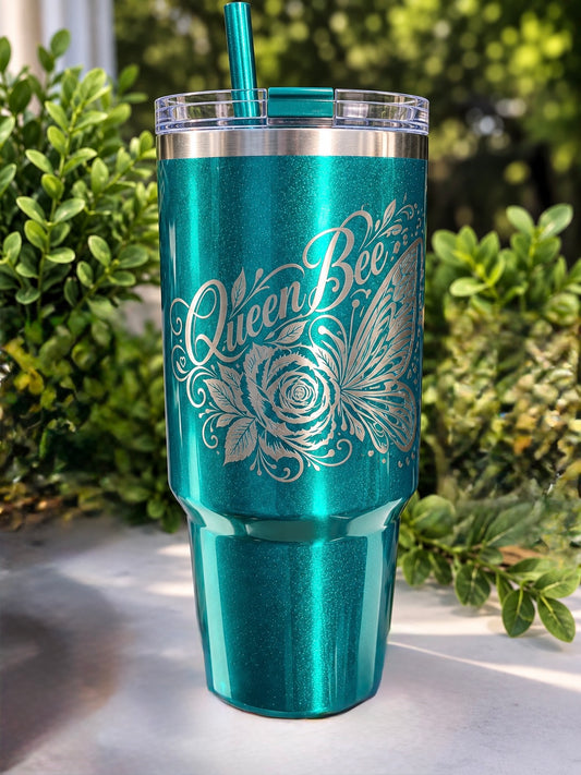 Queen Rose & Butterfly Engraved 40oz Tumbler with Handle