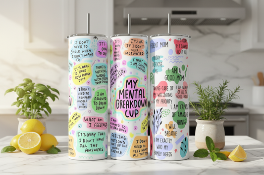 The Kreative Kreationz Mental Health Affirmations 20oz Skinny Tumbler features colorful, eco-friendly designs with uplifting phrases like "I am a good mom" and "It's okay to have off days" on a bright green background.