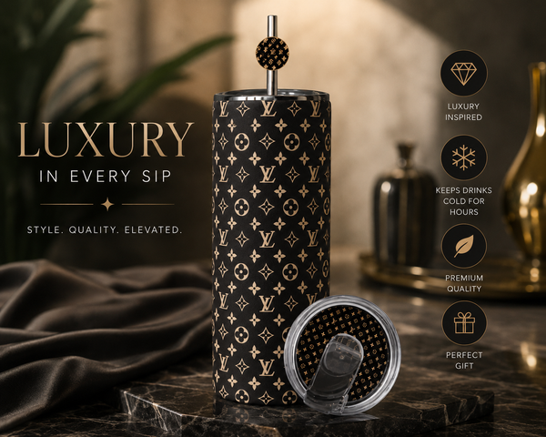 A luxury stainless steel tumbler with a black and gold monogram pattern, shown with its lid off on a dark marble surface. The background is a warm, blurred interior setting with elegant props, and text on the left reads 'LUXURY IN EVERY SIP' with feature icons on the right.