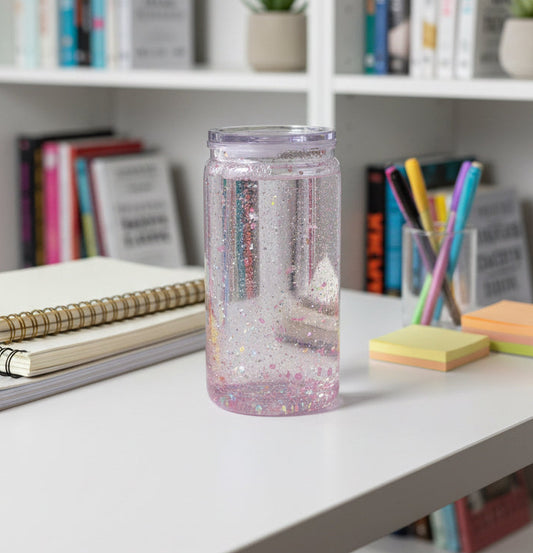 Pink Snow Globe 16 oz Plastic Tumbler | Cute Glitter Cup handmade by Kreative by Design