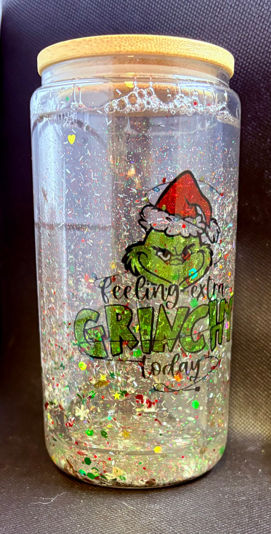 Feeling Extra Grinchy Today 16 oz Snow Globe Glass Tumbler