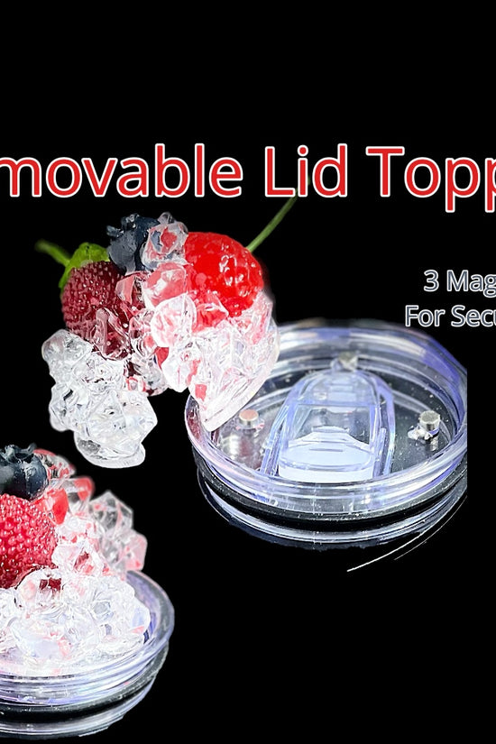 Image illustrating four round, 3D lid toppers filled with crushed ice. Each tumbler accessory by Kreative Kreationz features a distinct garnish: a lemon slice, a lime slice, a cherry, and plain crushed ice. The text identifies the garnishes and reads "Removable Lid Topper" at the bottom on a red background. The product is called "3D Lid Toppers for standard 20oz Tumbler | Variety of Fruits.