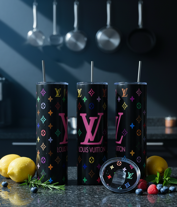 Three tall black tumblers with colorful monogram patterns and pink LV logos, shown on a dark kitchen countertop with lemons, berries, and a matching  lid in front.