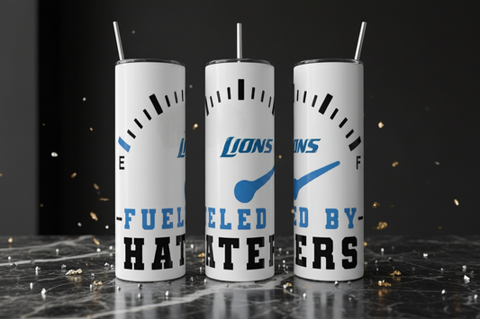 Three white tumblers with blue and black text and graphics on a reflective surface.