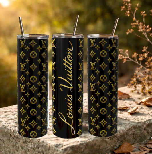Black & Gold Cursive 20 oz Skinny Tumbler with Matching Lid