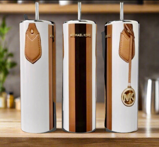 White, Brown & Black 20oz Stainless Steel Tumbler | Purse Designed | Monogram handmade custom gift by Kreative By Design
