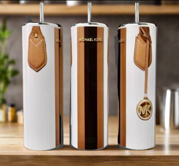 White, Brown & Black 20oz Stainless Steel Tumbler | Purse Designed | Monogram handmade custom gift by Kreative By Design