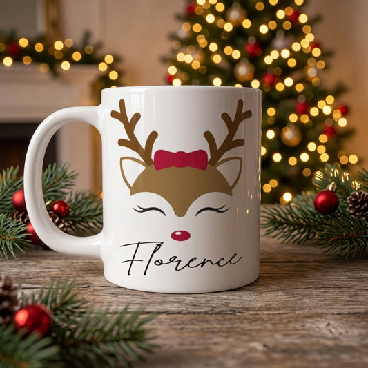 Personalized Christmas Reindeer Mug – Custom Name Holiday Coffee Cup