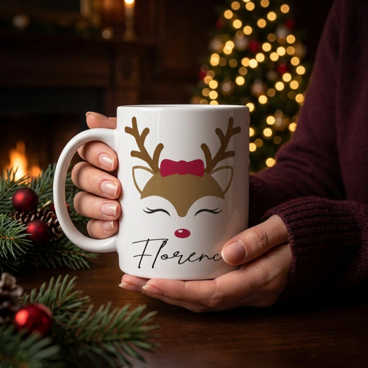 Personalized Christmas Reindeer Mug – Custom Name Holiday Coffee Cup